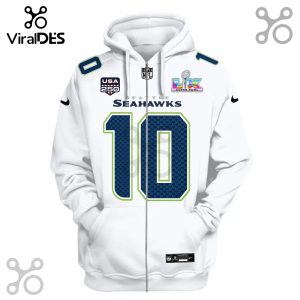 White zip-up hoodie with Seahawks #10 jersey design, NFL and Super Bowl patch details.!