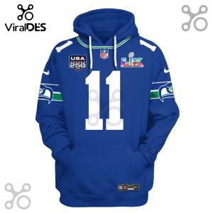 Blue hoodie with Seattle Seahawks colors, number 11, Super Bowl badge and USA 250 logo.!