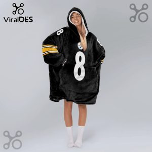 Person in black oversized hoodie blanket with white number 8 and Steelers logo.!