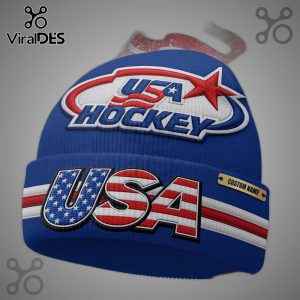 Blue beanie with USA Hockey text and stars and stripes design with customizable name tag.!