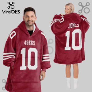 Oversized hooded blanket featuring a football jersey design with '49ers', 'Jones', and the number '10'.!
