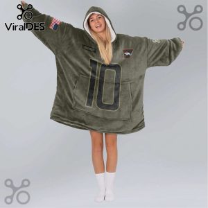 Green wearable blanket hoodie featuring the number 10, 'Broncos' text, the Broncos logo, and a US flag patch.!