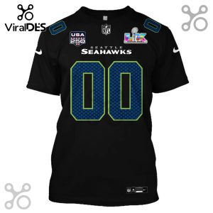 Black Seattle Seahawks jersey style shirt with number 00, USA 250 logo, and Super Bowl LIX logo.!