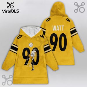 Yellow hooded blanket featuring a football player wearing number 90 with signature and the Pittsburgh Steelers logo.!