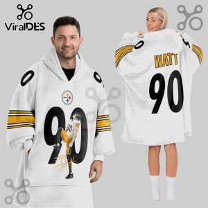 White Snuggle Hoodie with Watt 90 design, Pittsburgh Steelers logo, and player illustration.!
