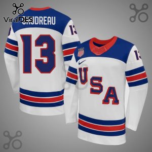 Front and back view of a white hockey jersey with blue and red stripes; 