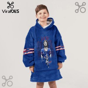 Young boy wearing a blue oversized hoodie blanket featuring Josh Allen of the Buffalo Bills Football team.!