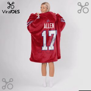 Red hooded blanket featuring 'ALLEN' and '17' with a signature, resembling a Buffalo Bills jersey.!