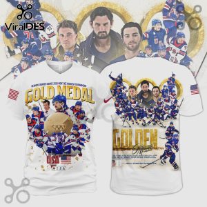 White t-shirt with an all-over print design of the 2026 USA Olympic Men's Ice Hockey Team, Gold Medal Champions.!