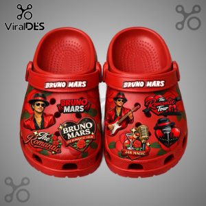 Red Bruno Mars clogs with images of Bruno Mars, roses, hearts, microphones, and text 'The Romantic Tour' and '24K MAGIC'!