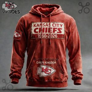 Red hoodie with Kansas City Chiefs text, 1960-2026 dates, and Chiefs Kingdom emblem.!