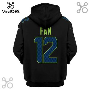 Black hoodie with the number 12 in blue and green, and the word FAN in green above it on the back.!