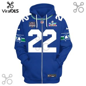 Blue full-zip hoodie with '22', NFL, Super Bowl LVIII, and Seattle Seahawks design elements.!