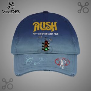 Blue baseball cap featuring RUSH Fifty Something 2027 Tour text, traffic light, birds, signatures and red starman logo.!