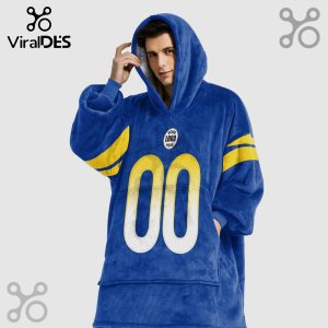 Blue wearable blanket hoodie with white numbers '00', yellow stripes, and 'Your Logo Here' text.!