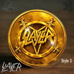 Golden circular emblem featuring SLAYER logo over a pentagram with four crossed swords!