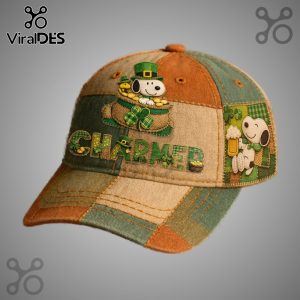 Patchwork baseball cap with Snoopy and Woodstock St. Patrick's Day design! Snoopy in a pot of gold, word CHARMER, Snoopy holding a beer mug!