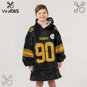 Child wearing a black oversized hoodie blanket with the Pittsburgh Steelers logo and number 90 on it.!
