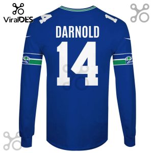 A long-sleeved blue football jersey with white text 'DARNOLD' and the number '14' on the back.!
