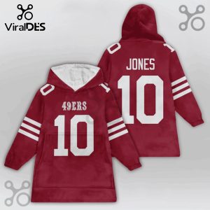 Snuggle Hoodie featuring a football jersey design. Front reads '49ers' and the number 10, back reads 'Jones' and 10.!