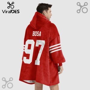 Red Bosa 97 Blanket Hoodie. Back view of person wearing the oversized hooded blanket.!