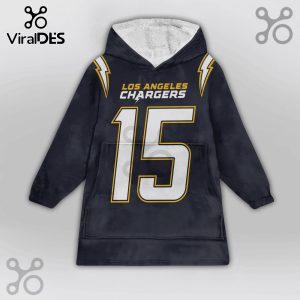 Los Angeles Chargers hooded blanket featuring team logo, name, number 15, and lightning bolt accents.!