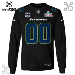 Black long sleeve shirt with Seattle Seahawks jersey design, including the number 00 and Super Bowl LVIII logo.!