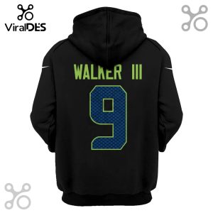 Black hoodie featuring 'Walker III' and the number '9' in green and blue, sports-themed design.!