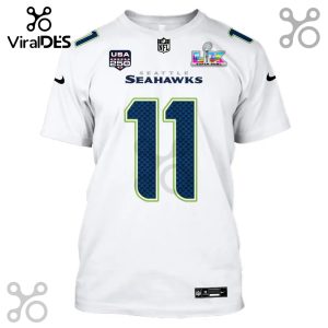 T-shirt featuring a Seattle Seahawks jersey design with the number 11, NFL logo, Super Bowl LIX patch, and USA 250 logo.!