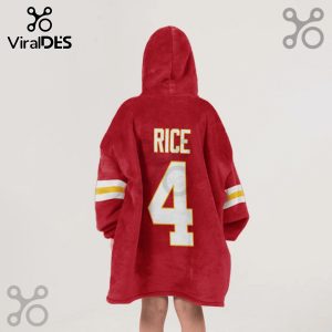 Back of red hooded blanket featuring 'RICE' and the number '4' in white and yellow, resembling a football jersey.!
