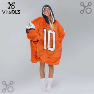 Person wears orange oversized hoodie with 'BRONCOS' and the number '10'.!