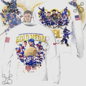 White sweatshirt with 'Olympic Winter Games 2026 Men's Ice Hockey Tournament' and 'Gold Medal' text, plus USA hockey player graphics.!