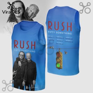 Blue tank top featuring Rush band members, 'Fifty Something' text, tour dates, and a traffic light design.!
