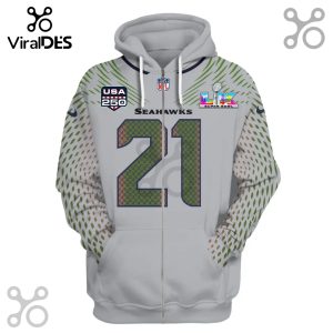 Gray zip-up hoodie with Seahawks #21 jersey design, NFL logo, Super Bowl logo, and USA 250 badge.!