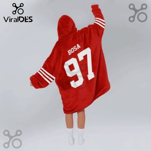 Red hooded blanket featuring 'Bosa' and the number '97' in white, with stripes on the sleeves.!