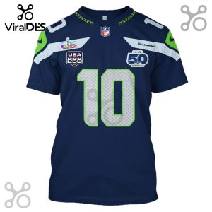 Seattle Seahawks #10 Football Jersey. Features Super Bowl LIX and 50-year anniversary emblems.!