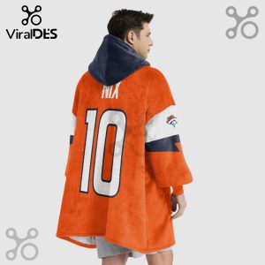 Orange hooded blanket featuring a football jersey design with the number 10 and a Broncos logo on the sleeve.!