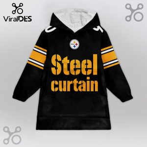 Black Snuggle Hoodie featuring Steelers logo and yellow text 'Steel Curtain'.!