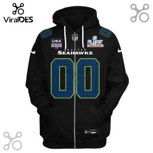 Black zip-up hoodie featuring Seattle Seahawks theme, USA 250 logo, Super Bowl logo, and the number 00 on the front.!