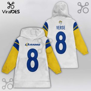 White hooded blanket with the LA Rams logo, blue stripes, yellow sleeves, and the number 8.!