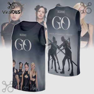Black tank top with a Blackpink 'GO' graphic and group member photos on front and back.!
