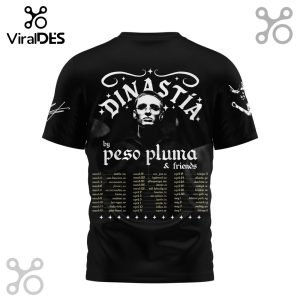 Black t-shirt with 'DINASTIA by Peso Pluma & Friends' tour dates list. Features photo of Peso Pluma wearing glasses!