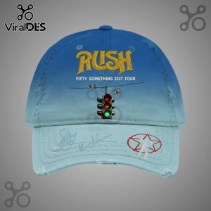 Blue cap with Rush Fifty Something 2027 Tour design, traffic light, birds, and signatures.!