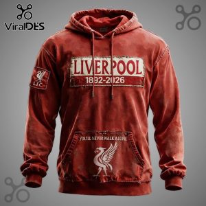 Liverpool FC hoodie with 'Liverpool 1892-2026' and 'You'll Never Walk Alone' text with bird graphic!