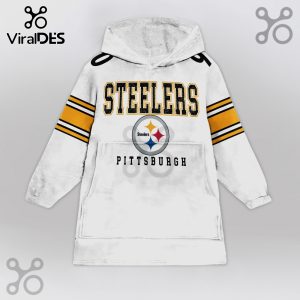 Pittsburgh Steelers themed wearable blanket hoodie with sleeves, displaying team name and logo.!