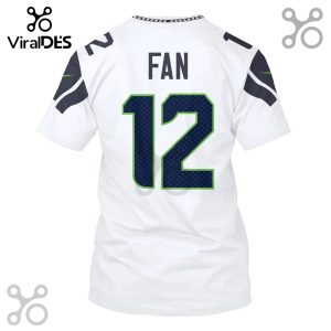 White t-shirt with dark blue and green number 12, and the word FAN on the back. Sports fan merchandise.!