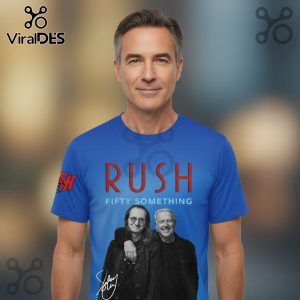 Blue T-shirt featuring RUSH band member portraits, red RUSH text, and 'Fifty Something' text below.!