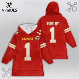 Red Chiefs Snuggle Hoodie featuring the text 'CHIEFS' and the number '1' on the front and 'WORTHY' and '1' on the back.!