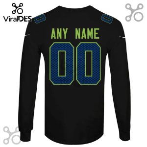 Black long-sleeve shirt with a football jersey design featuring 'ANY NAME' and the number '00' in patterned blue and green.!