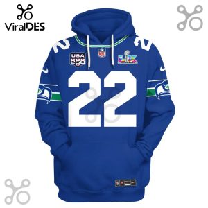 Blue hoodie with number 22, Super Bowl LVI logo, Seahawks logo, and NFL logo.!